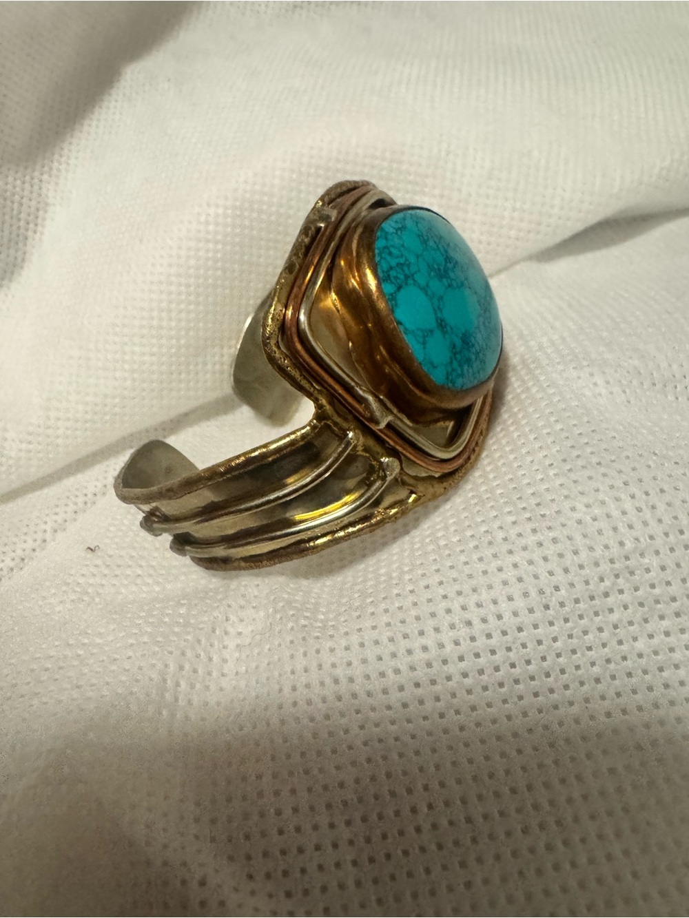 Handmade Turquoise Stone Cuff Bracelet - Turquoise and Gold Tone